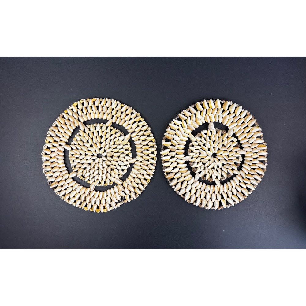 Set of 2 Vintage Cowrie Shell Round Placemats Trivets Coastal Boho Decor 8.5"